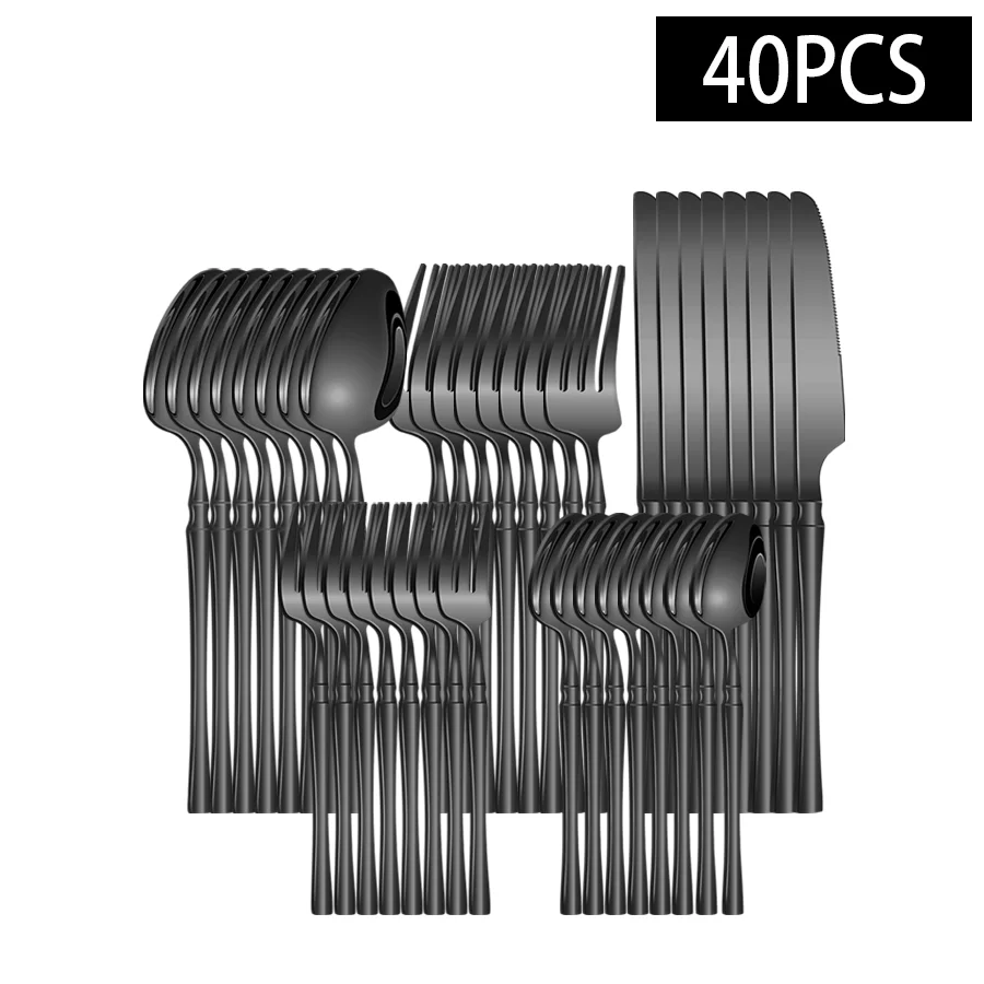 Conjunto De Talheres De Aço Inoxidável (40 Peças, Preto), Polido Espelhado, Próprio Para Lava-louças.