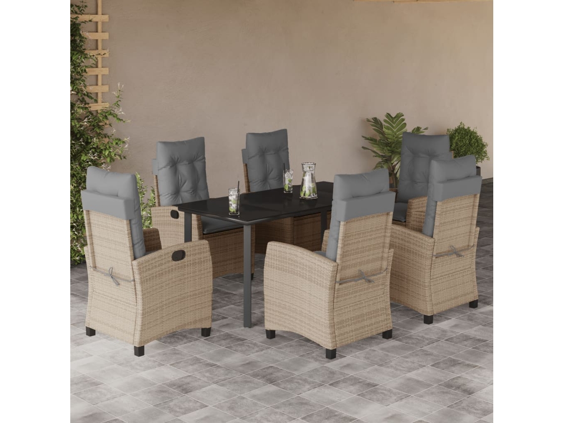 Vidaxl 7 Pcs Conj. Jantar Jardim C/ Almofadões Vime Pe Bege Misturado