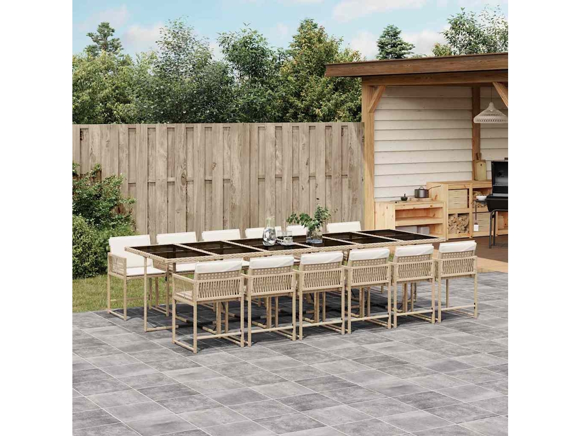 Vidaxl 13 Pcs Conjunto De Jantar P/ Jardim Com Almofadões Vime Pe Bege