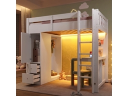 Cama Alta 90x200 - 4 Gavetas, Armário, Secretária, Led E Usb - Branco