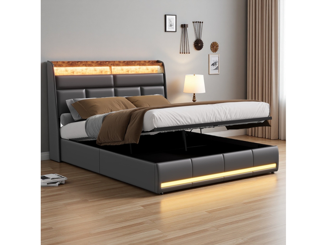 Cama Estofada 160x200 Cm em Pu Preto com Iluminação Led, Portas Usb, Base Hidráulica, Armazenamento, SIMURQ