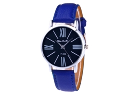 Relógio de pulso feminino azul royal em liga metálica com mostrador redondo e movimento analógico de quartzo.