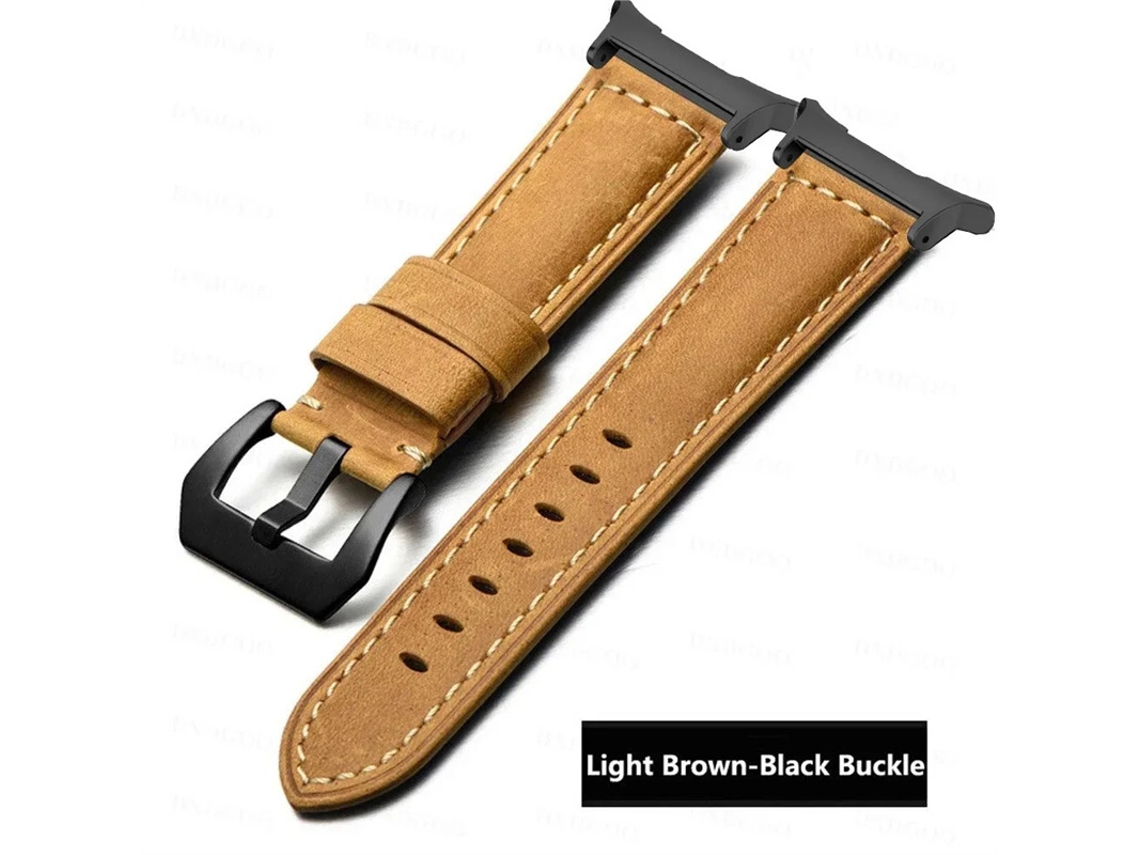 Pulseira de couro genuíno para Samsung Galaxy Watch7 Ultra 47mm, marrom claro com conector vermelho, tamanho padrão.