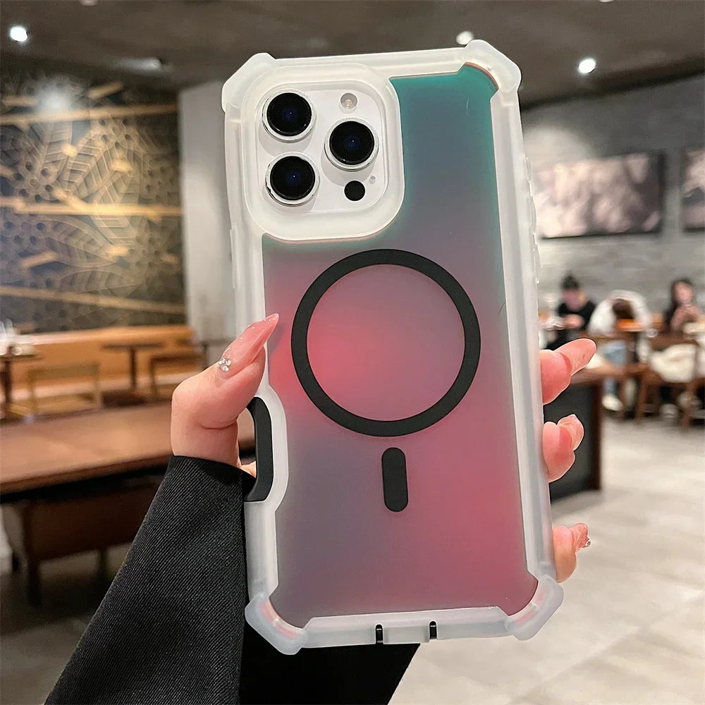 Capa Magnética Para Celular (iphone 16 Plus Preto), Com Efeito Degradê A Laser Aurora Boreal, Capa Protetora Resistente A Impactos.