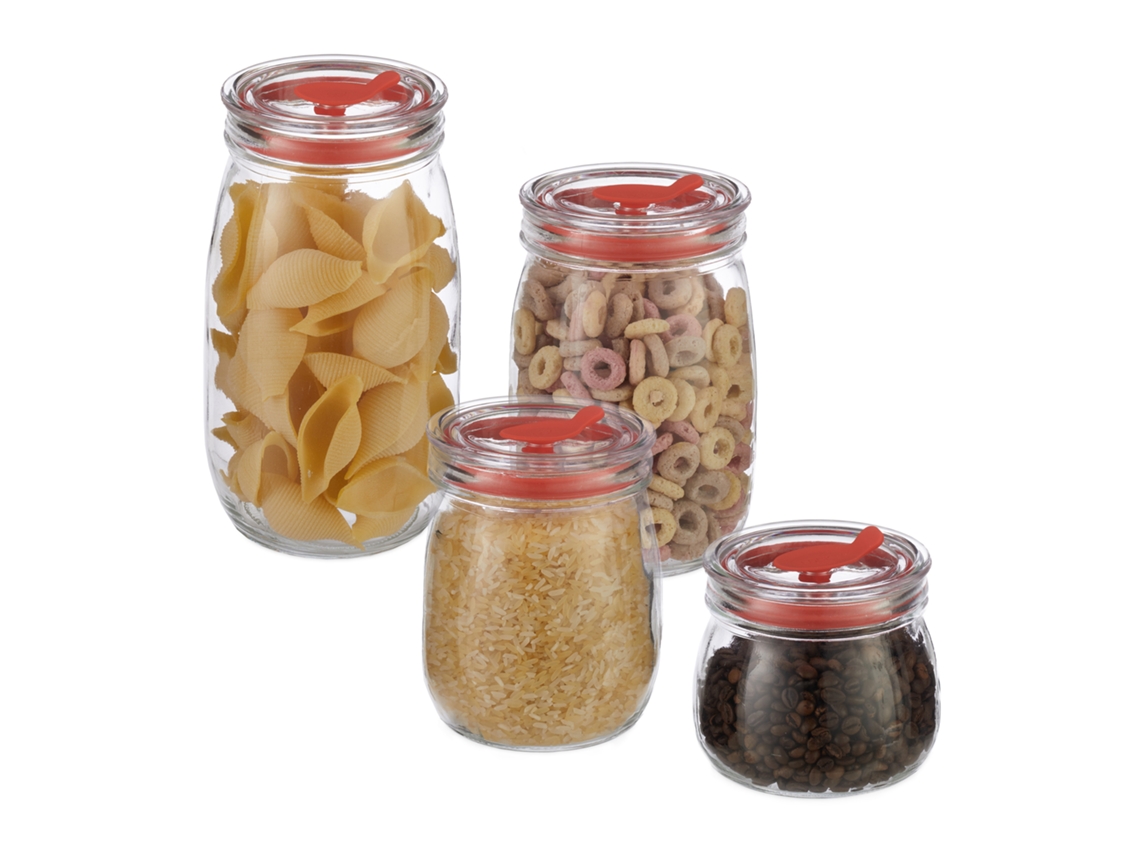 Conjunto De 4 Frascos Relaxdays, Tampa Com Abertura Para Palhinha E Vedante, Frascos De Vidro Transparentes.