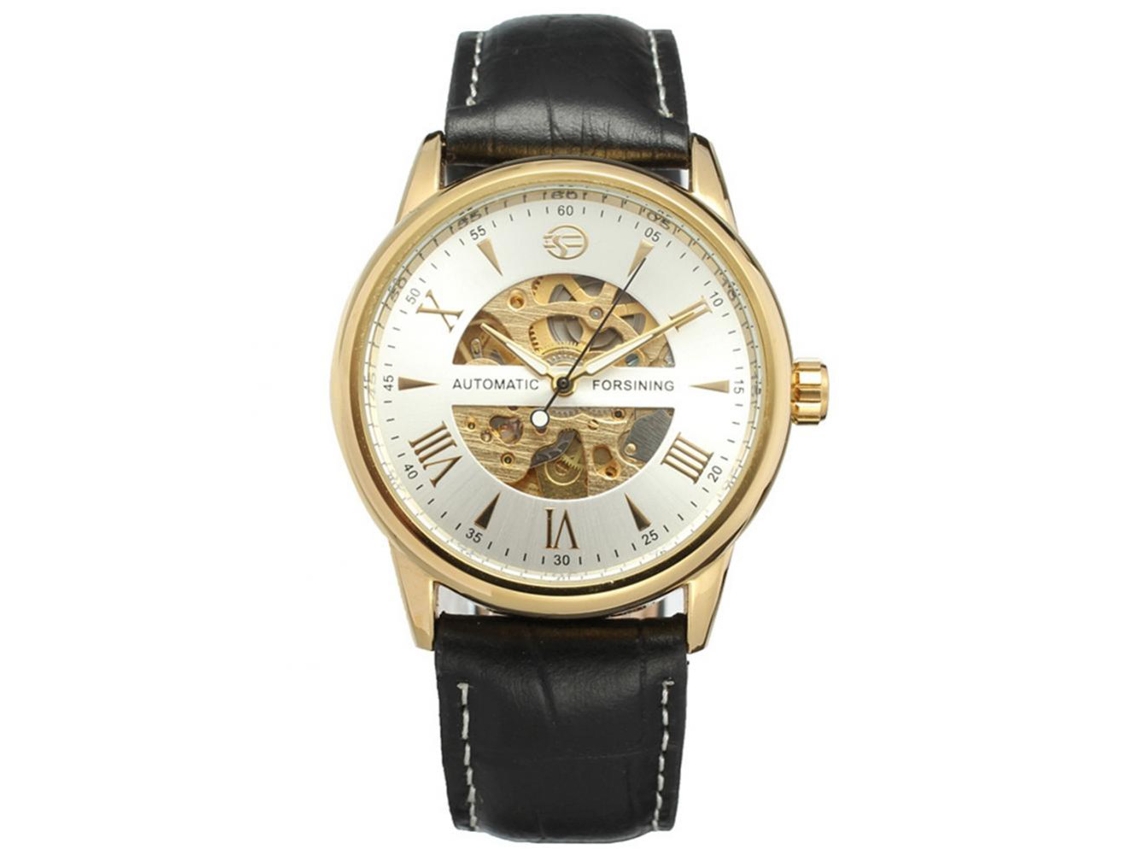 Relógio mecânico automático Forsining com pulseira de PU à prova d'água (mostrador branco, caixa dourada)