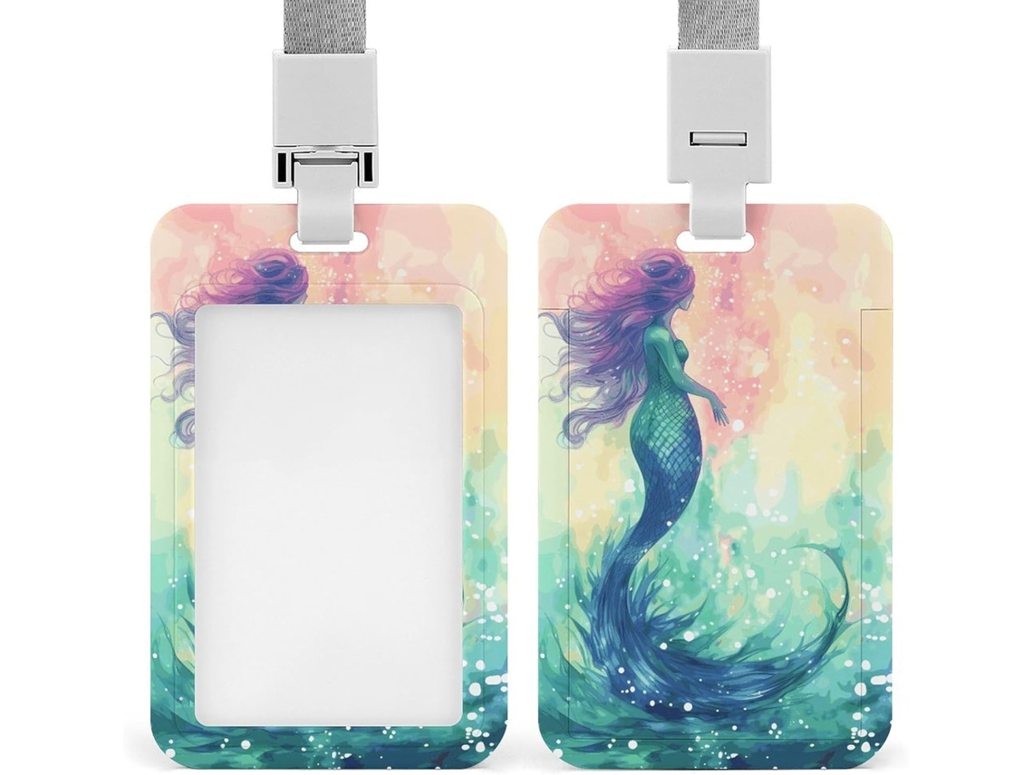 Porta Crachá Com Linda Estampa Vertical De Cauda Sereia, Com Cordão E Proteção Impermeável Cartões, Ideal