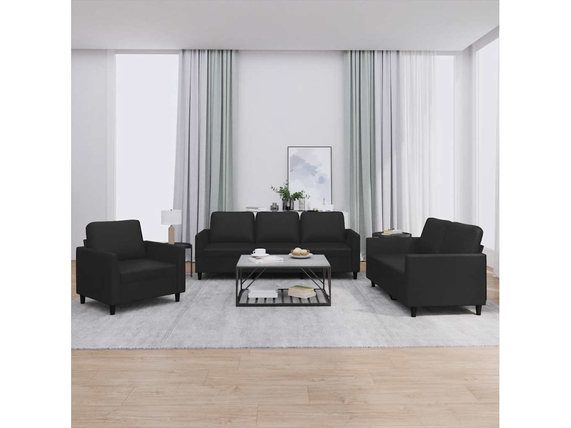 Vidaxl 3 Pcs Conjunto de Sofás com Almofadões Couro Artificial Preto