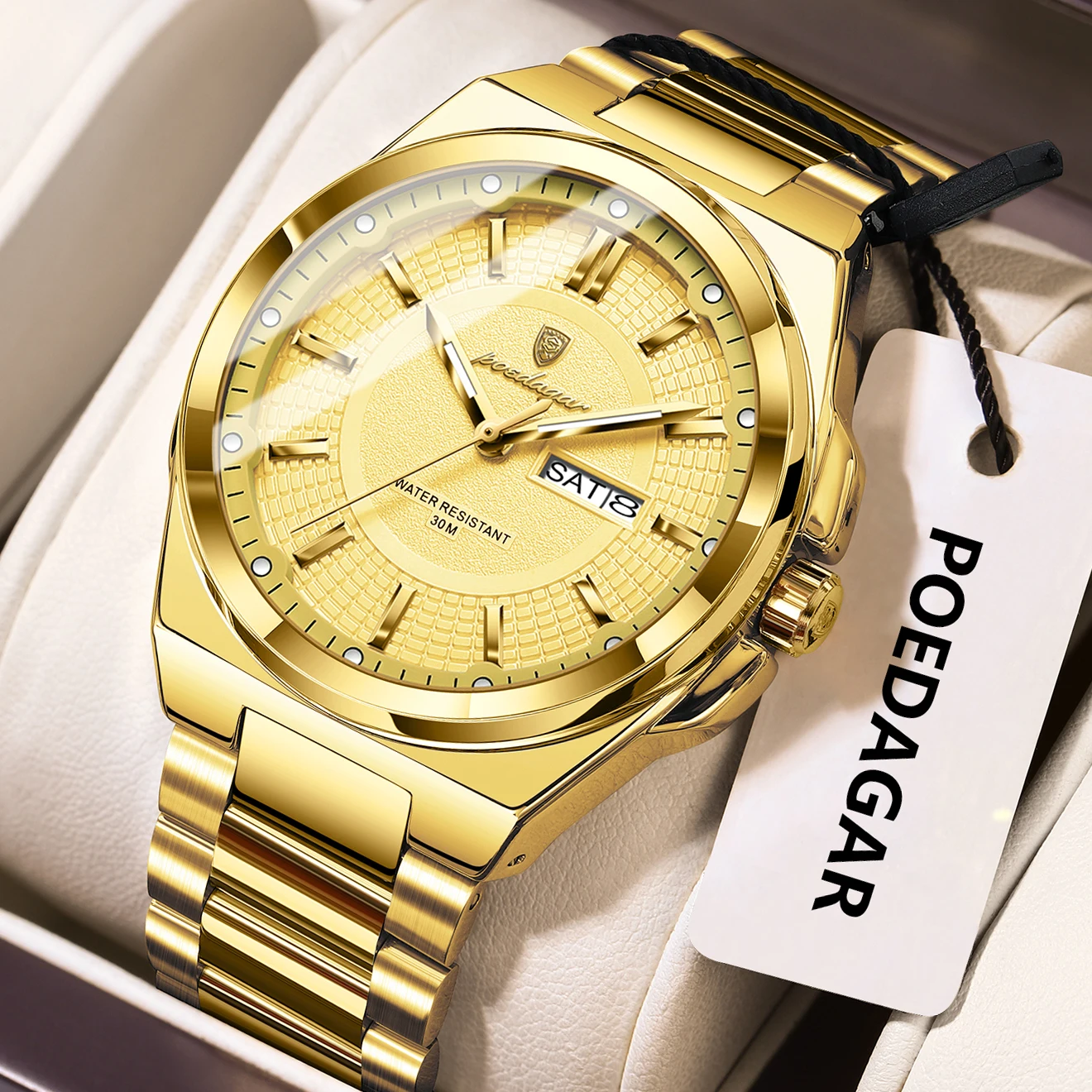 Relógio masculino elegante (dourado), em Prova D'água, com indicação de data, dia da semana e luminescência, movimento de quartzo.