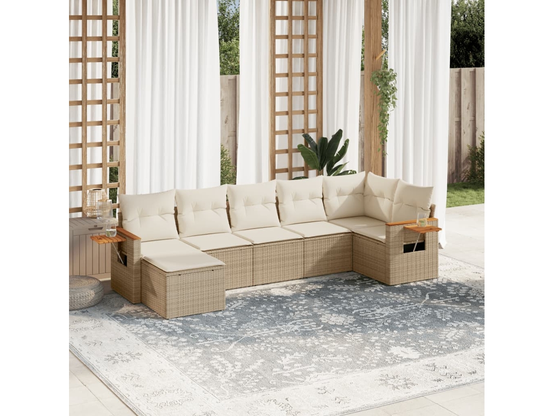 Vidaxl 7 Pcs Conjunto De Sofás P/ Jardim Com Almofadões Vime Pe Bege
