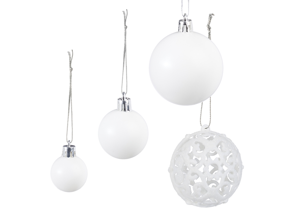 Conjunto De 50 Bolas De Natal Relaxdays, Brilhantes, Mate E Cintilantes, Plástico, ∅ 3, 4 E 6 Cm, Branco