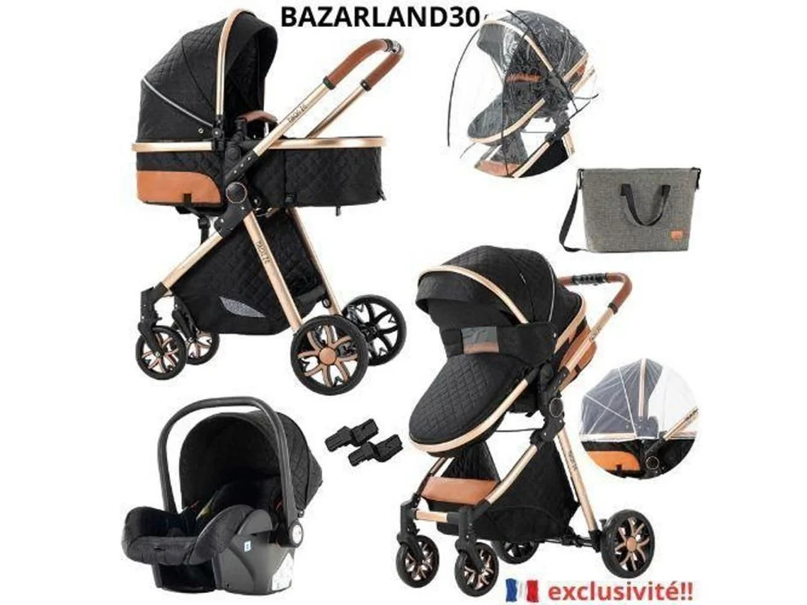 Bazarland30. Carrinho 3 Em 1 Bebê Combinado Cadeira Auto Nacelle Trio Reversível Ajustável Alta Qualidade Rodas Inquebráveis Cana. Preto