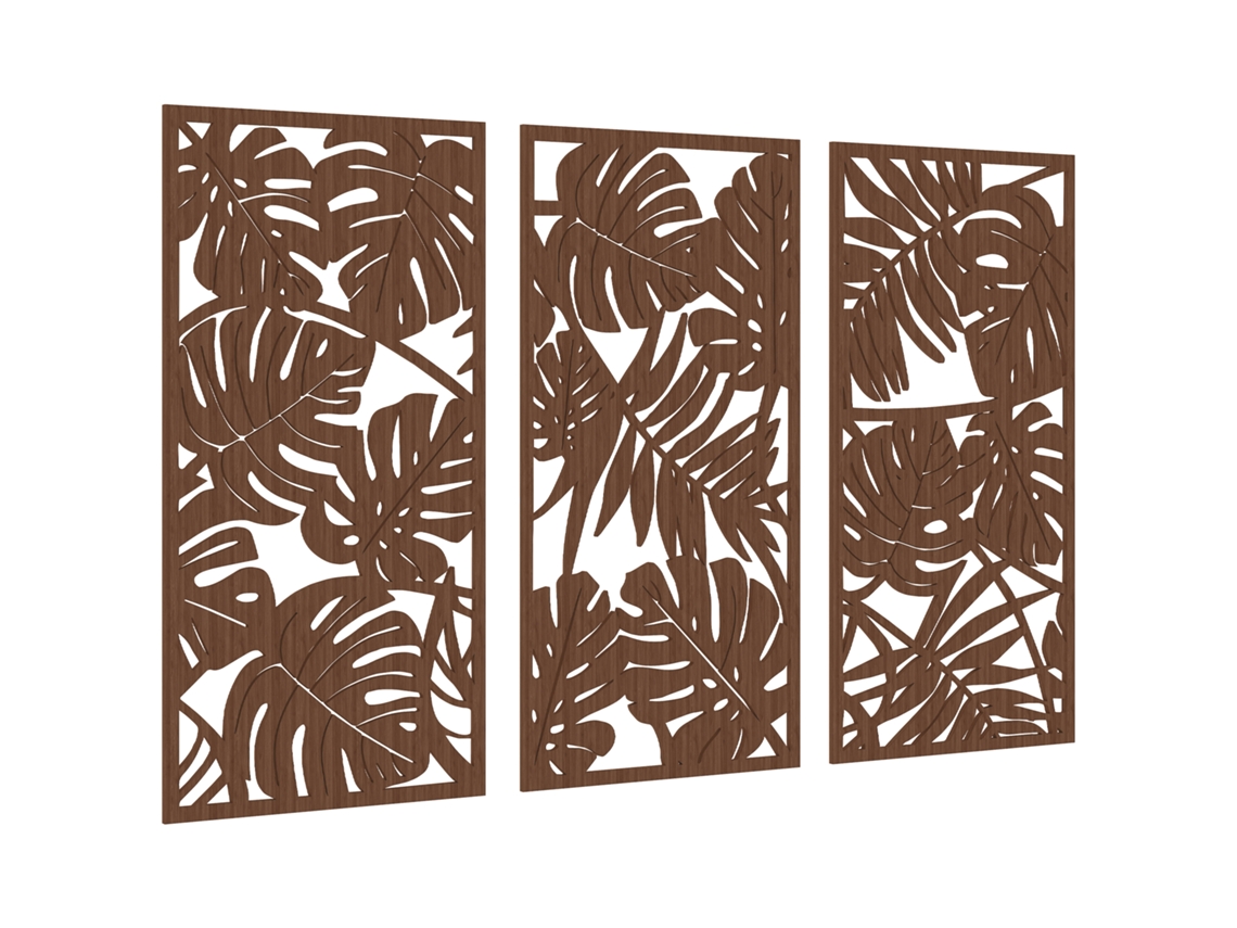 Decoração De Parede Em Madeira 3d 3 Peças 40x80 Cm Adornos De Com Padrão De Folhas Tropicais Nogueira