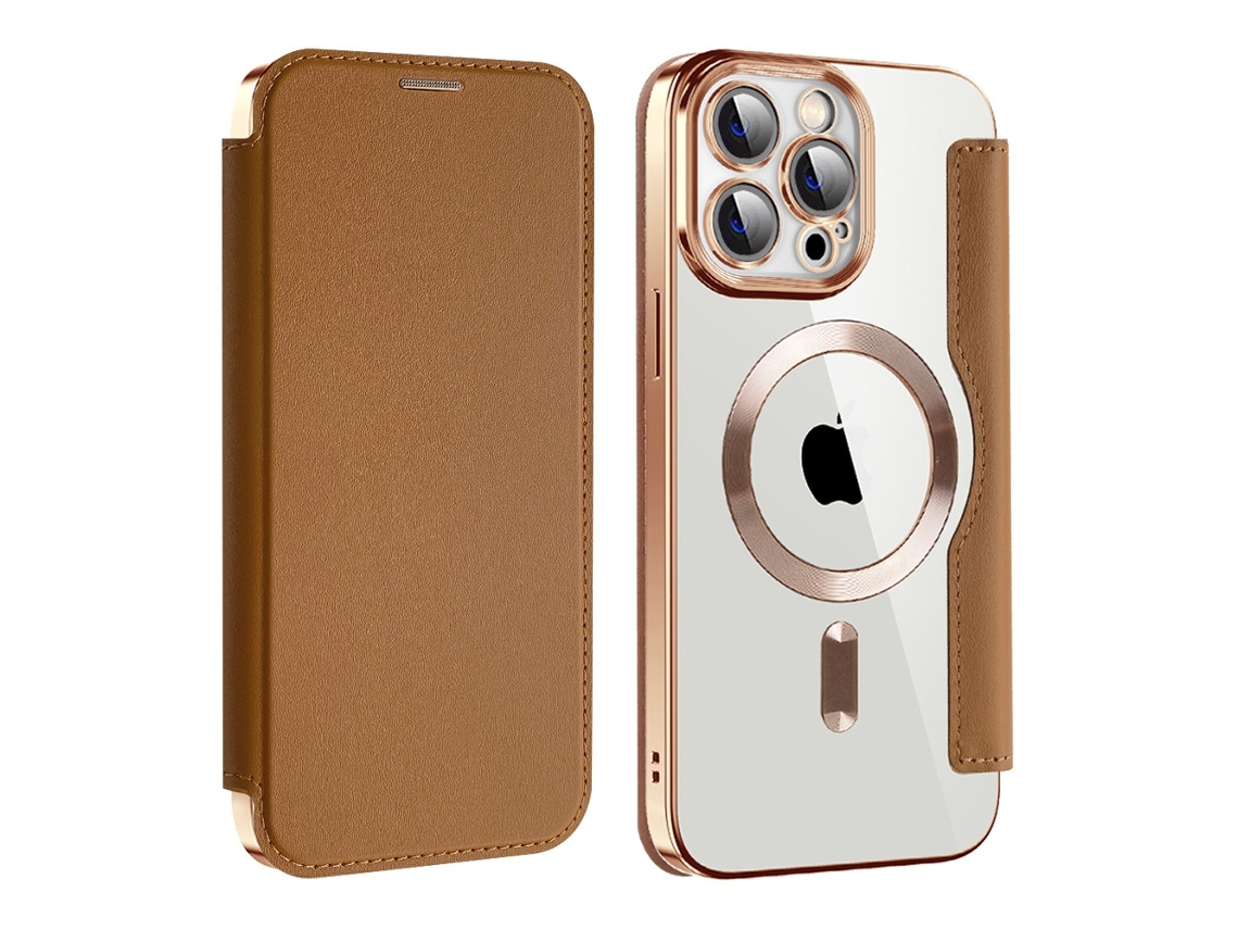 Capa Fólio Protetora Magsafe Elysve Para Iphone 15 Pro Resistente Marrom
