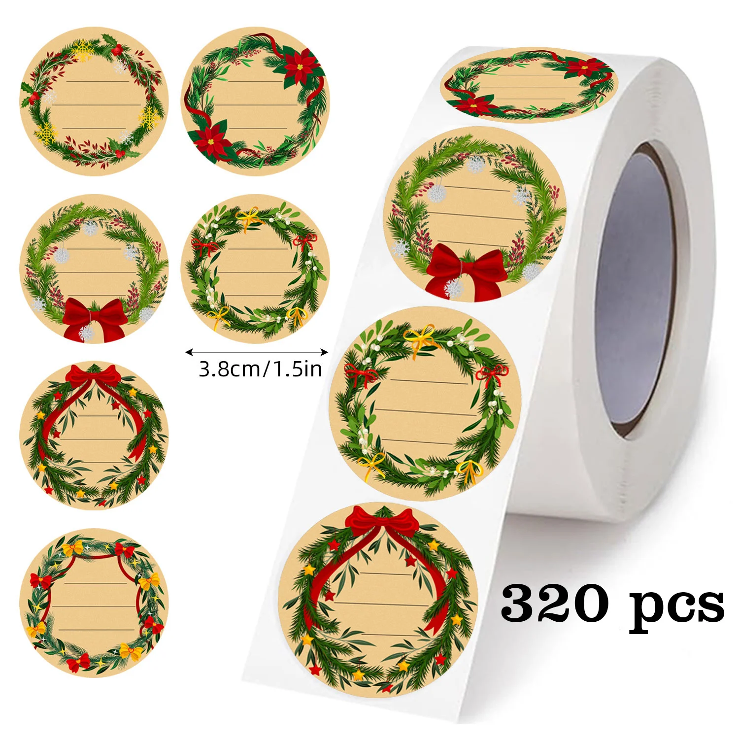 Adesivos Decorativos Circulares De Natal Em Papel Kraft, Tamanho Grande (3,8 Cm), 320 Folhas/rolo. Ideais Para Decoração, Confeitaria E Veda