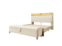 Cama De Casal De Madeira 16×2cm Com Banco,cabeceira Com Espaço De Armazenamento, Iluminação Led E Encosto Estofado Em Veludo Cotelê Bege(sem Colchão)