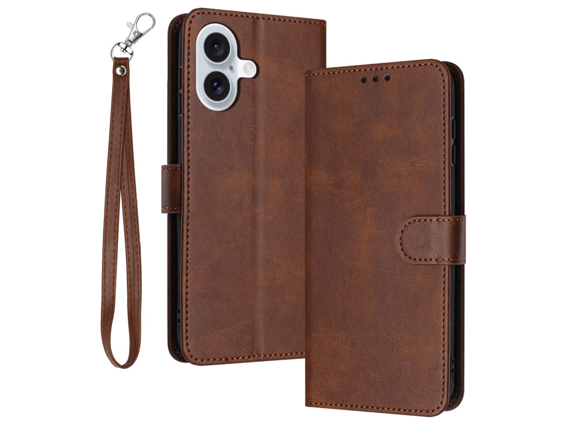 Capa Em Couro Pu, Textura De Gémeo, Com Alça Para Apple Iphone 16 Castanho