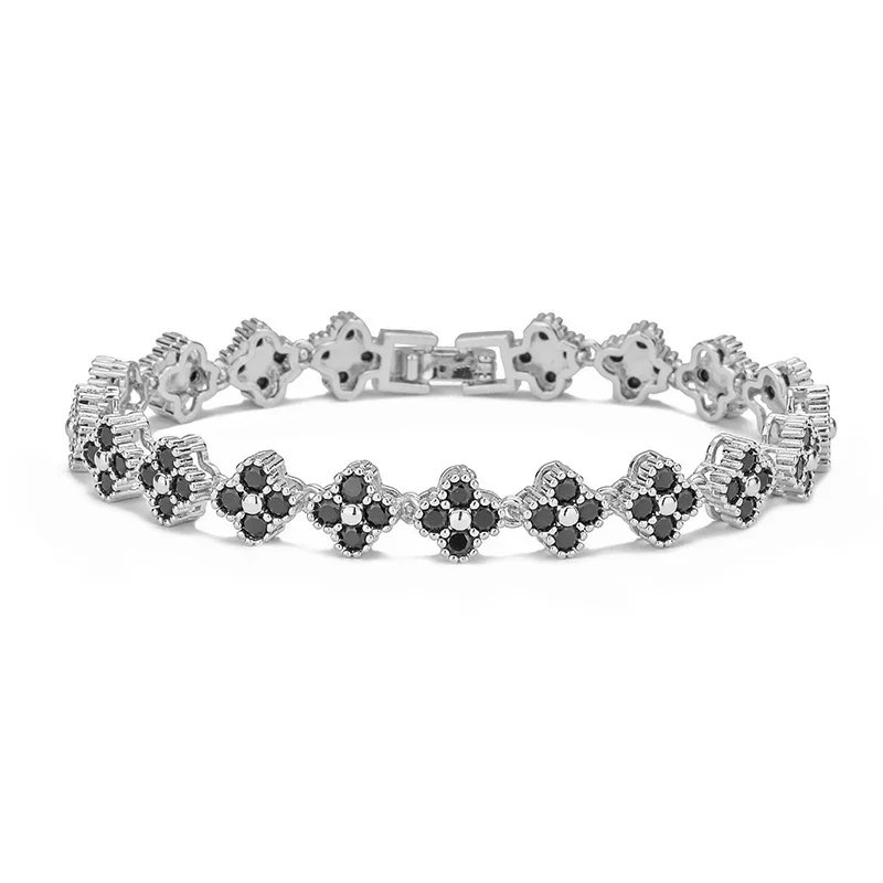 Pulseira De Zircônia Com Trevo De Quatro Folhas (prateada E Preta), Presente Colorido De Cristal Para Amizade E Sorte