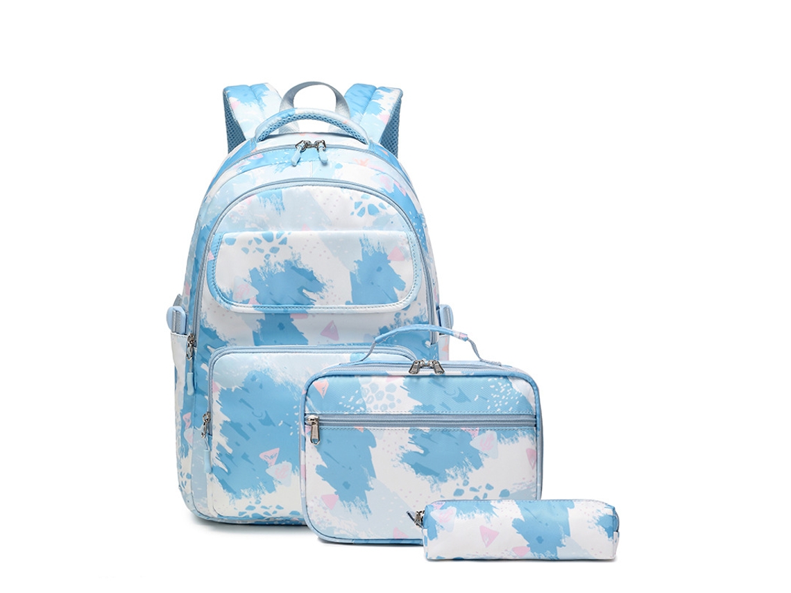 Mochila De Três Peças Com Estampa Contrastante Para Estudantes, À Prova D'água, Azul Claro, 18 Polegadas