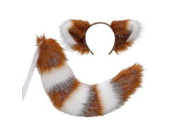 Conjunto De Orelhas E Cauda De Animal Peludo Raposa Lobo Raccoon Gato Para Fantasias Halloween Natal Camel Branco