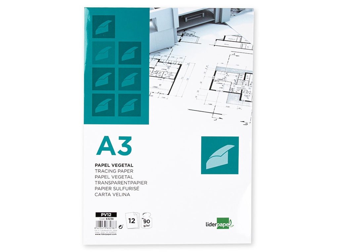 Papel Vegetal LIDERPAPEL A3 90g - M2 em Envelope 12 Folhas
