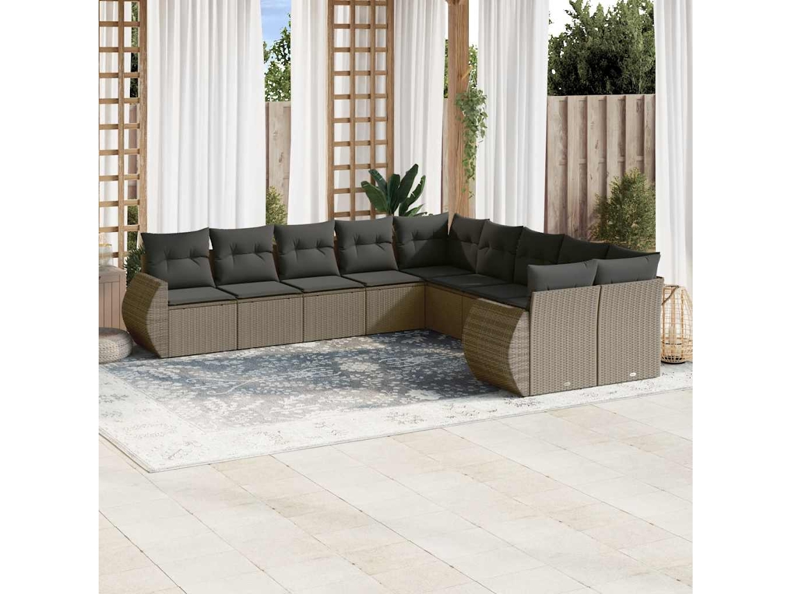 Vidaxl 10 Pcs Conj. Sofás Jardim Com Almofadões Vime Pe Cinzento-claro