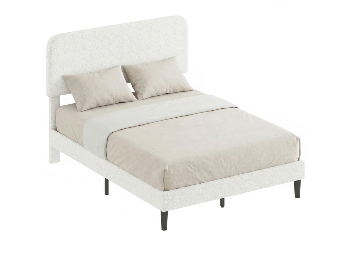 Estrutura de cama com base ajustável, cabeceira, cama de casal estofada, ripas de metal, 140x190cm branco S/MARCA