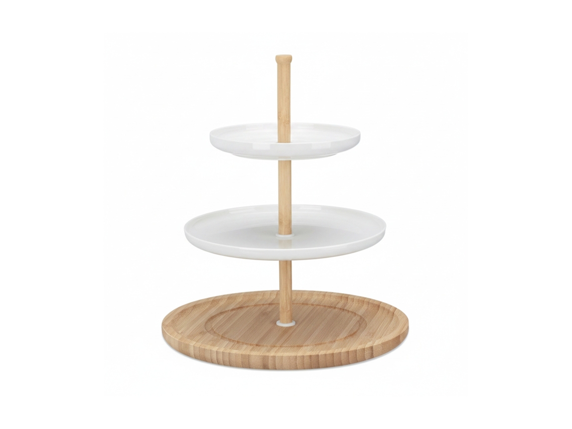 Etagère Relaxdays Bambu E Cerâmica, 3 Andares, Prato, 30 X 36 Cm, Para Bolachas, Fruta E Petiscos, Branco Natural