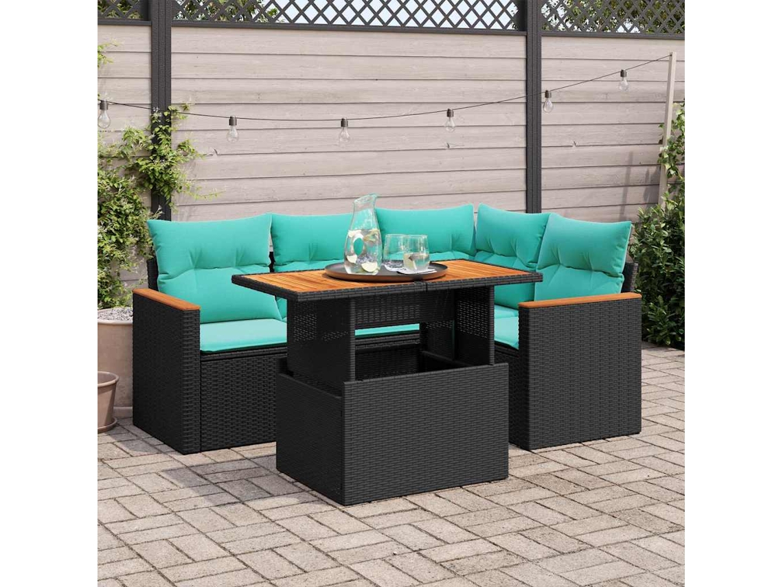 Vidaxl 5 Pcs Conjunto Sofás De Jardim Com Almofadões Vime Pe Preto