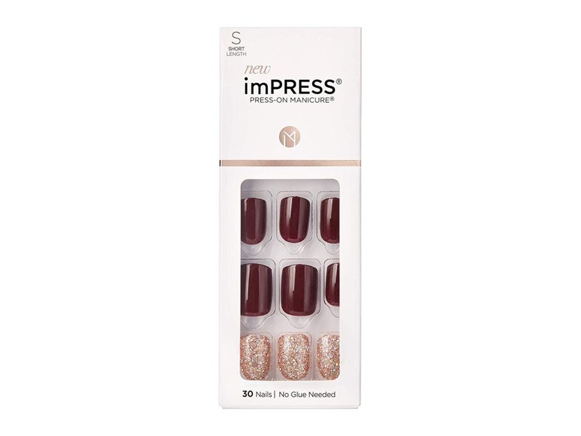 Unhas Autocolantes Kiss Impress Kim020c Fáceis De Colocar Maroon/brocade Comprimento S