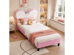 Cama Estofada 90x190 Cm Para Criança Com Cabeceira De Borboleta E 2 Luzes Led, Cama De Solteiro Com Estrutura Ajustável Em Veludo Rosa