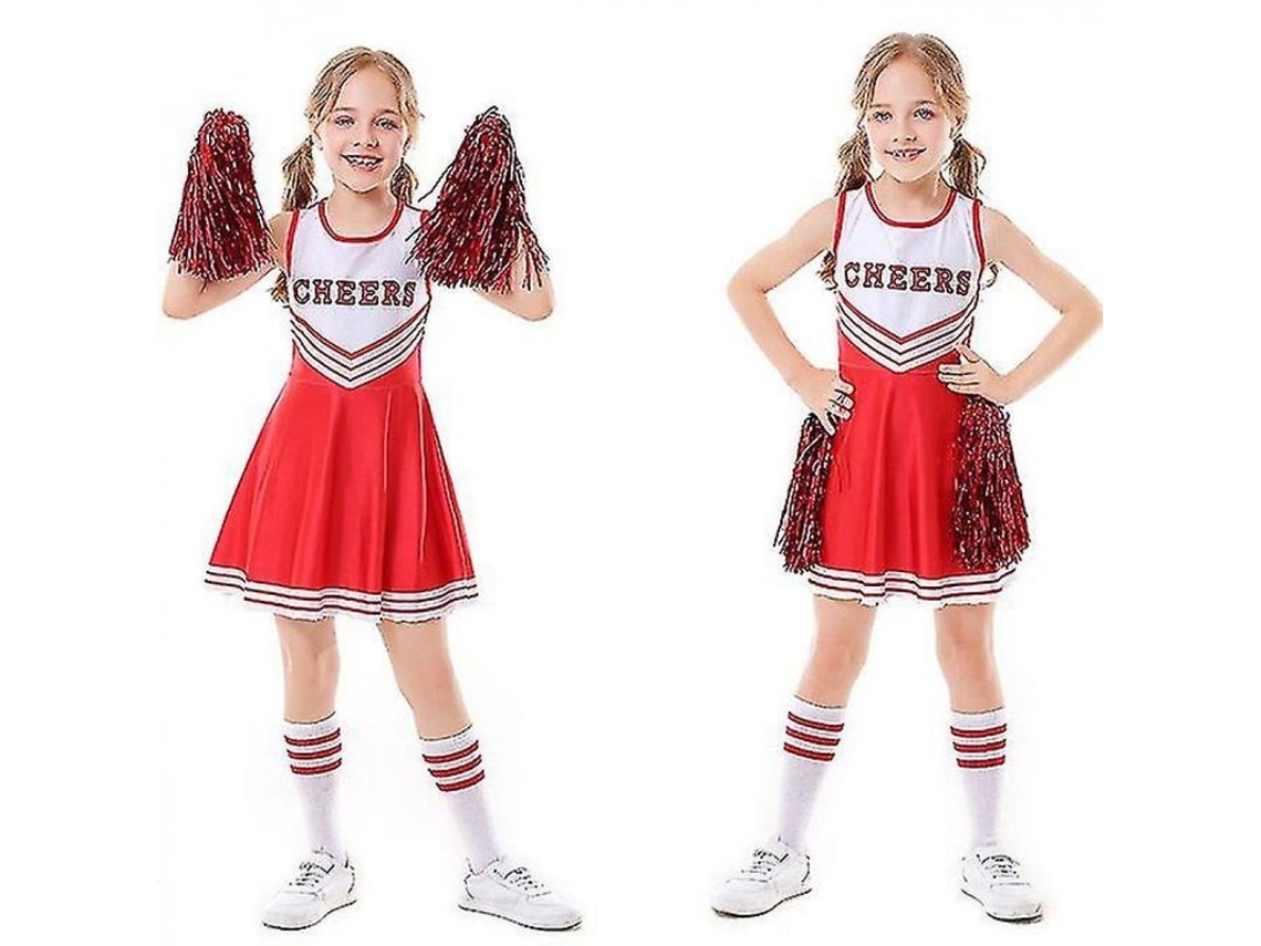 Rebe-traje De Torcida Para Meninas Festa Escolar Halloween Musical Com Bolas De Pelo 120 Cm Vermelho