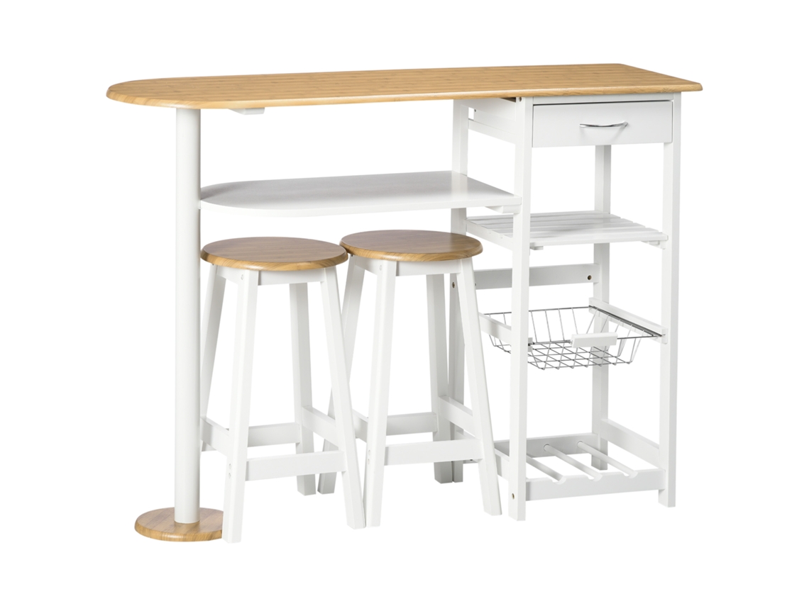Conjunto De Mesa Com 1 Gaveta 2 Prateleiras Cesta Removível E Suporte Para Garrafas 119x38,5x88,5cm E 2 Bancos 29x29x55cm Branco