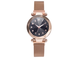 Relógio Feminino de Quartzo Pulseira de Malha com Botão Magnético Mostrador Redondo Ouro Rosa