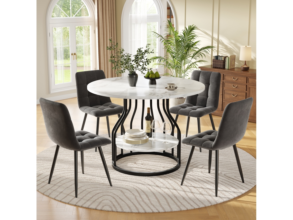 Mesa Redonda 80cm Mdf Mármore com 4 Cadeiras Veludo VOLTEDGE