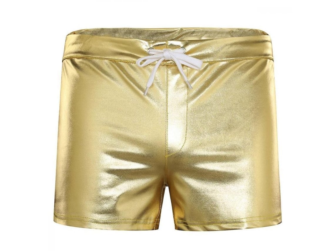 Shorts masculinos Rebe-Vfz em couro brilhante com tecido elástico em 4 direções, tamanho M, cor dourada.