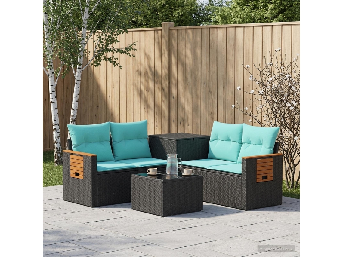 Vidaxl Conjunto De Sofás 6 Unid. Preto E Azul Rattan Poliéster E Aço
