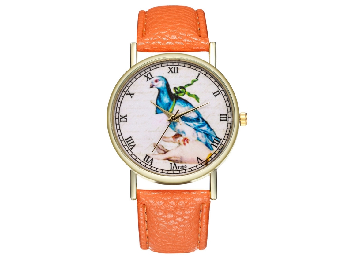 Relógio de Quartzo com Pulseira de Couro e Desenho Clássico de Pássaro Mensageiro para Mulher (laranja)