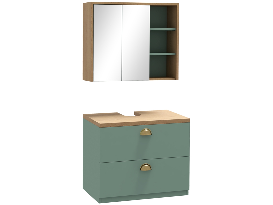 Conjunto De Móveis Para Banheiro Com Prateleiras Ajustáveis E 2 Gavetas, Design Escandinavo, Verde.