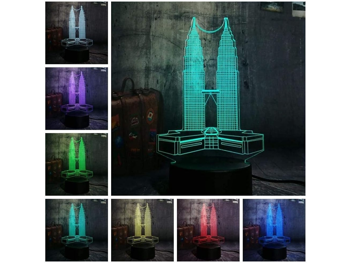 Luminária Noturna Led 3d Torres Petronas, De Mesa Com 7 Cores Que