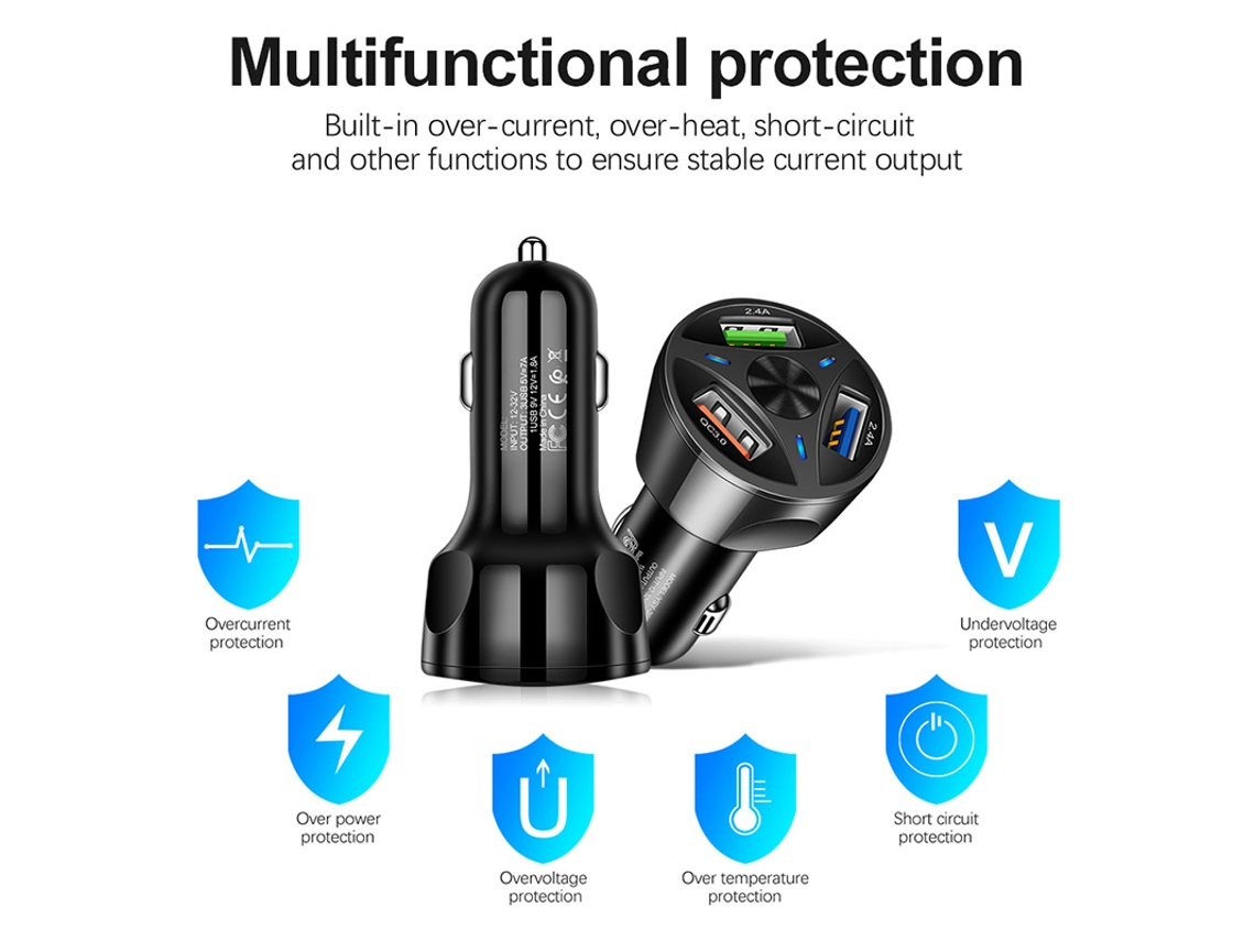 Carregador Veicular Usb-c De 20 W Com Carga Rápida E Cabo, Compatível Com Smartphones Android E Samsung, 3 Portas, Preto