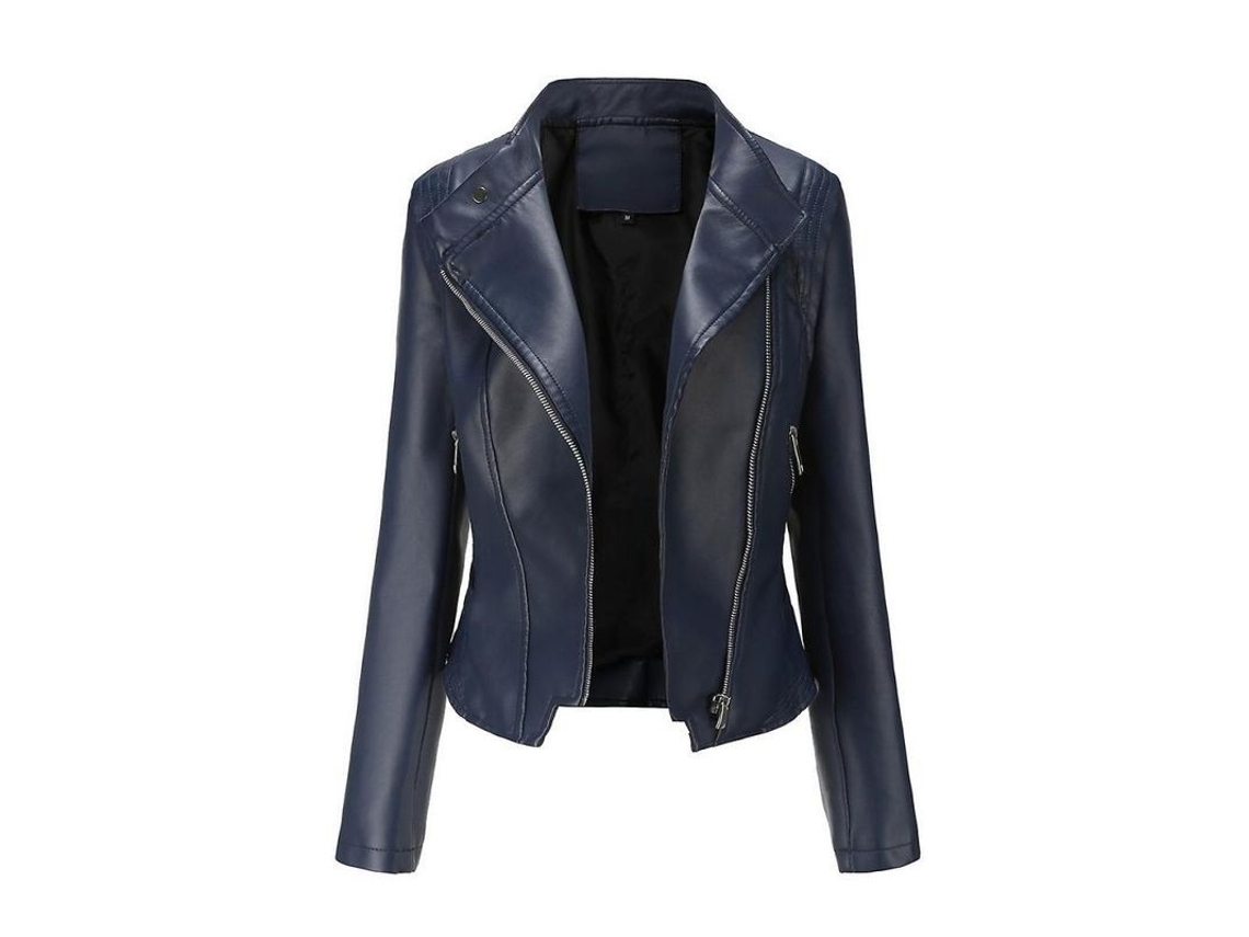 2026-chaqueta Corta De Cuero Slim Fit Para Mujer Con Cremallera Asimétrica Biker Versátil M Azul Oscuro