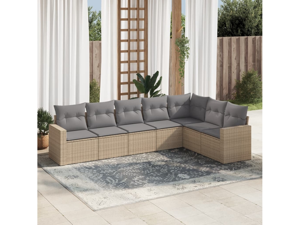 Vidaxl 7 Pcs Conjunto De Sofás P/ Jardim Com Almofadões Vime Pe Bege