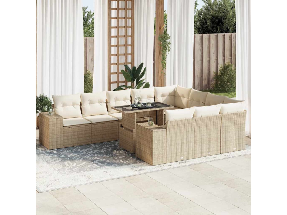 Vidaxl 11 Pcs Conjunto Sofás De Jardim C/ Almofadões Vime Pe Bege