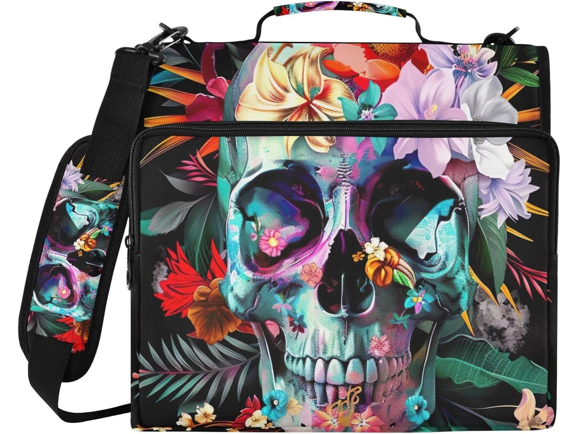 Pasta Organizadora Com Estampa Floral De Caveira Colorida, 3 Argolas E Compartimento Laptop, Resistente À Água