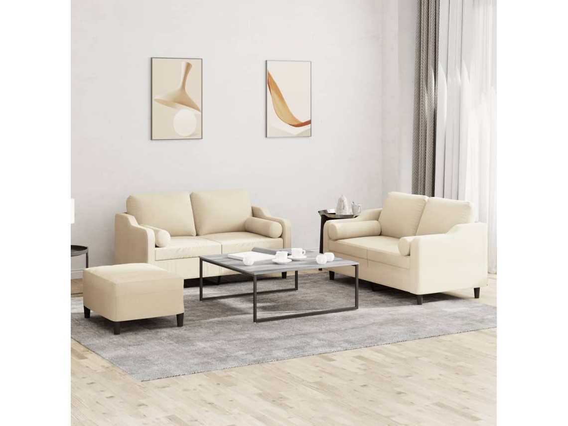 Vidaxl 3 Pcs Conjunto De Sofás Com Almofadas Tecido Cor Creme