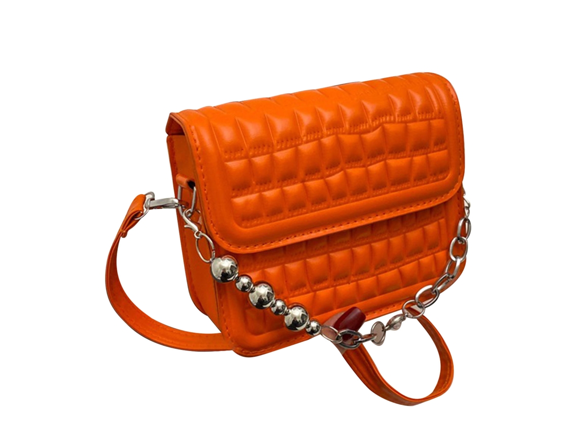 Bolsa Quadrada Pequena Feminina de Ombro Messenger com Corrente e Zíper Laranja