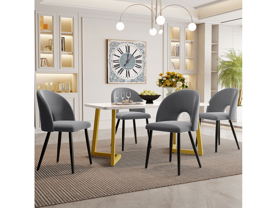 Conjunto De Jantar Moderno: Mesa Retangular 117x68cm Com 4 Cadeiras De Veludo Cinza, Padrão Diamante E Pernas Douradas Ajustáveis.