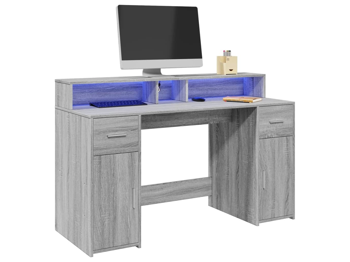 Vidaxl Secretária Luzes Led 140x55x91cm Deriv. Madeira Cinzento Sonoma