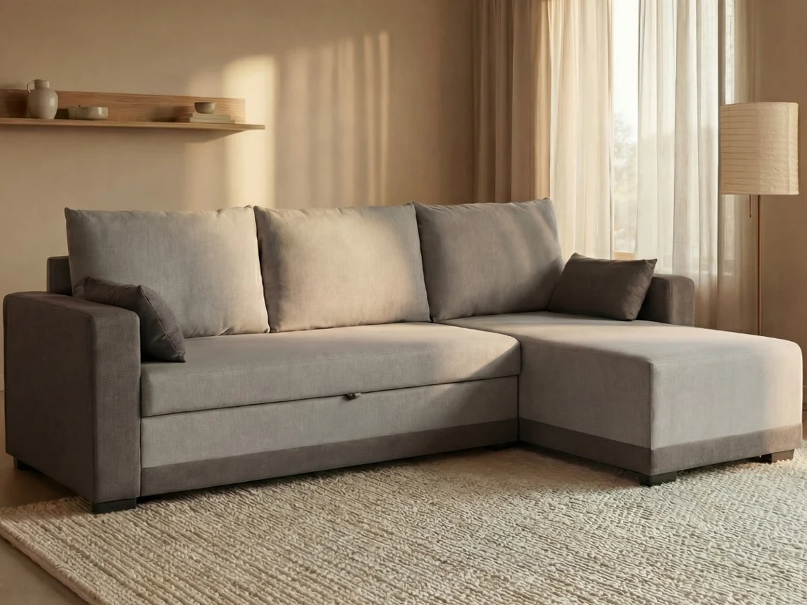 Sofá Cama 3 Lugares BUDWING Leah Bicolor Cinza + Chaise Longue (233 x 140 x 69 cm - Reversível Lado Direito/Esquerdo)